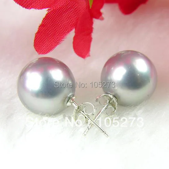 

Wholesale Jewelry 12MM Gray Color Round Shape Sea Shell Pearl Stud Stick Earring 925 Sterling Silver New Free Shipping