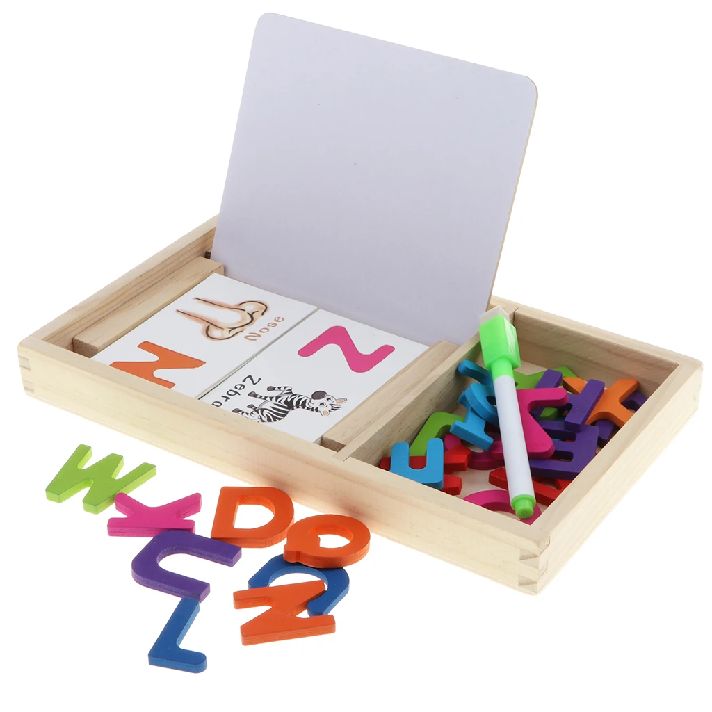 Wooden Alphabet Letters Matching Puzzle ABCs Flash Cards with Writing Board and Storage Box for Kids Preschool Learning