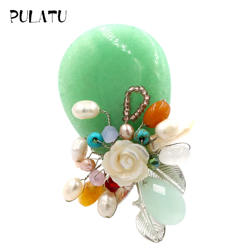 

Pulatu Green Crystal Women Brooches Shell Flowers Vintage Natural Pearl Inlay Handmade Fine Brooch Pins For Scarf Clothing Gifts