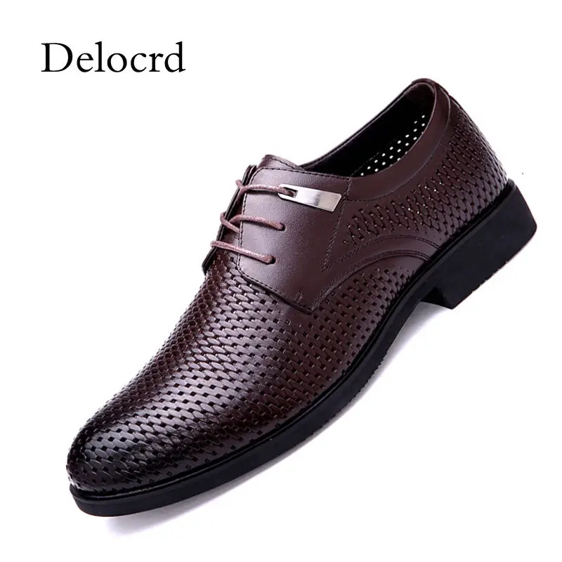 

New Summer Genuine Leather Men Oxford Shoes British Style Pointed Toe Hollow Breathable Black Leather Men Dress Shoes Delocrd