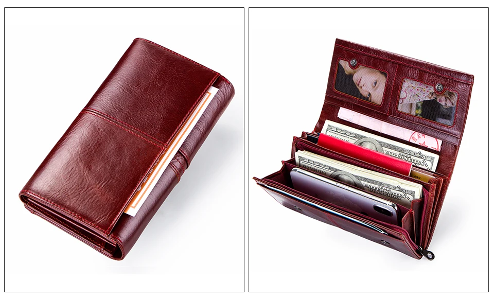 Contact's Genuine Leather Wallet Women Wallet Credit Card Holder Female Purse Organizer Walet Women Clutch Bag Red Green Long