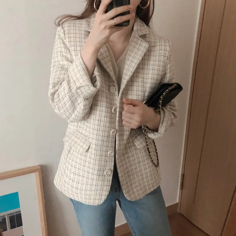 

2019 Single Button Plaid Tweed Coat Women Long Sleeve Casual Turn Down collar Work Suit Coats tweed Jacket Women outwear X694
