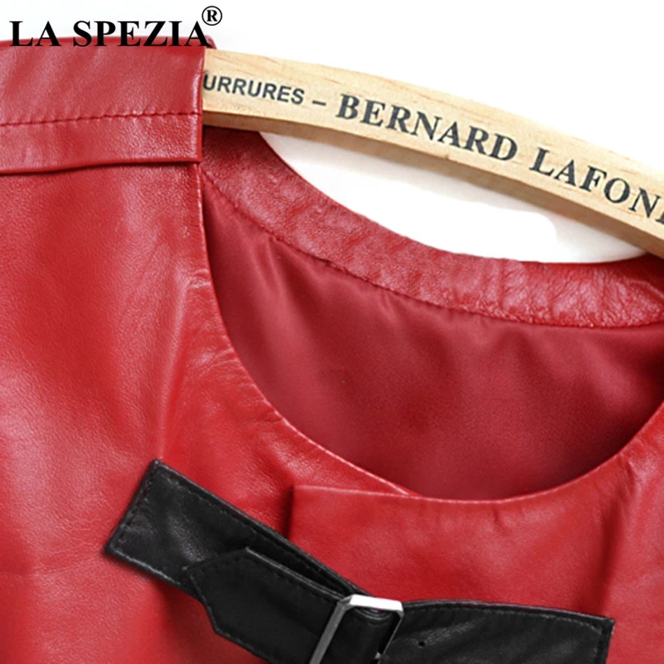 LA SPEZIA Women Red Vests Genuine Leather Jackets Fashion Ladies Sheepskin Warm Slim Fit Female Elegant Autumn Winter Waistcoat