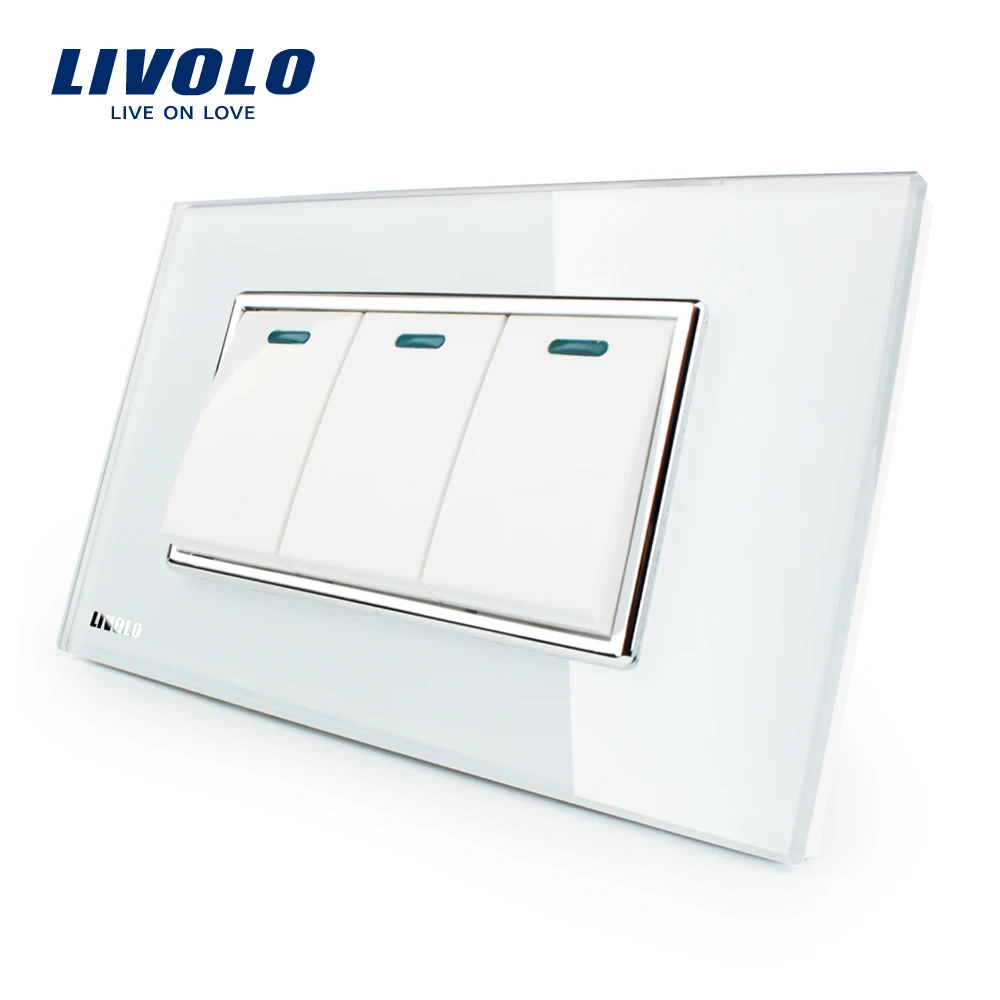 Manufacturer Livolo Luxury White Crystal Glass Panel 3 Gang 2 Way Push Button Home Wall Switch