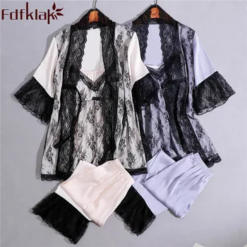

Pijama Sexy Home Clothes Pyjama Femme Silk Pajamas For Women Home Suit Underwear Set Spring 3 Pieces Sleepwear Female Fdfklak