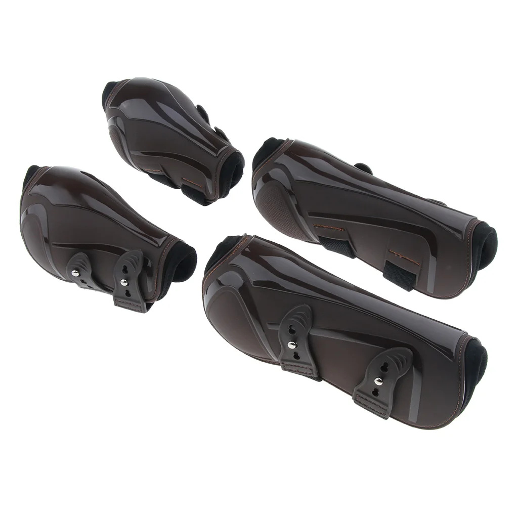 4 Pieces Horse Tendon and Fetlock Boot Set, Equestrian Front Hind Legs Protection - PU and Neoprene, Adjustable