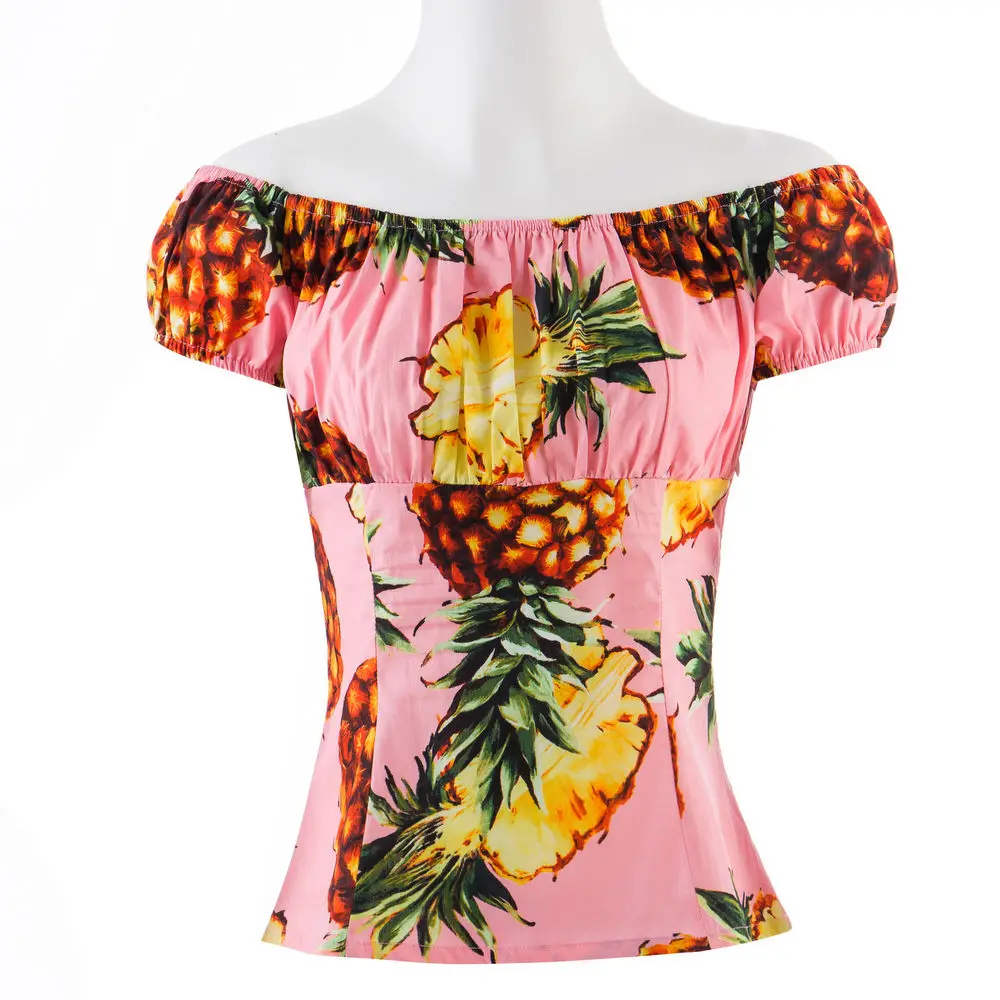 Women Pineapple Print Peasant Tops Off Shoulder Blouse Pinup Shirt|off ...