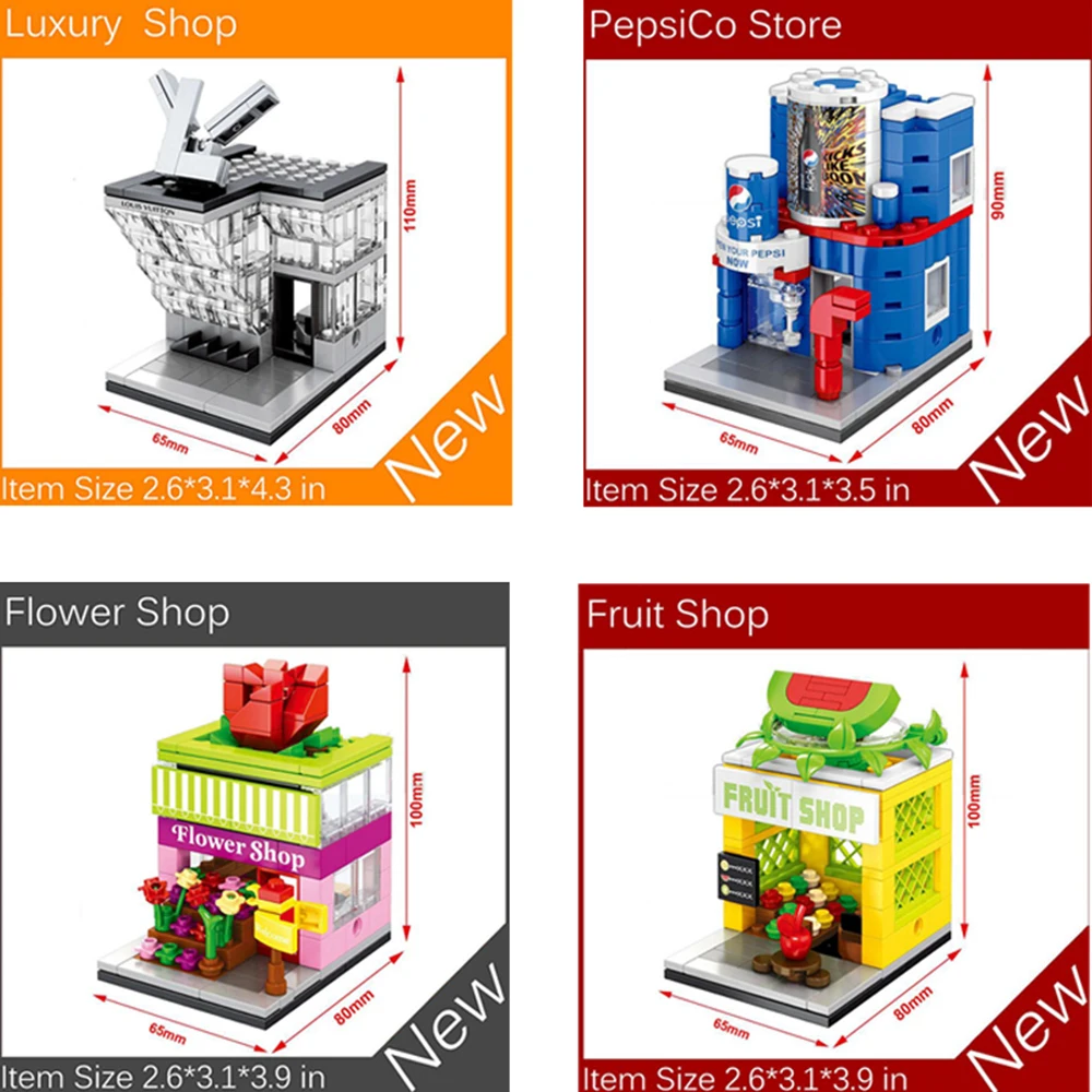 

4pcs/Set Mini Street View Building Blocks Bricks City Toys Jewelry Bag Store Fruit Shop Florist Shop Drinks Shop Kids Toys Gifts