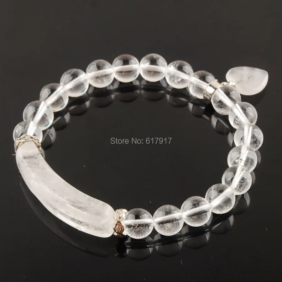 

Natural Stone Beads White Clear Quartz Rock Crystal Bracelets Heart Shape Silver-color Fitting Women Jewelry Love Gifts TK3325