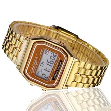 Gold LCD Watch Digital Retro Stainless Steel Watch Square Military Men Women Dress Sports Stopwatch watches New Fashion