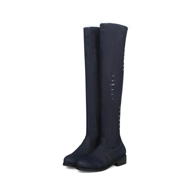ORCHA LISA/женские джинсовые сапоги до колена; теплые зимние высокие сапоги; женская обувь на низком толстом каблуке с круглым носком; женские сапоги; C901 - Цвет: Dark Blue