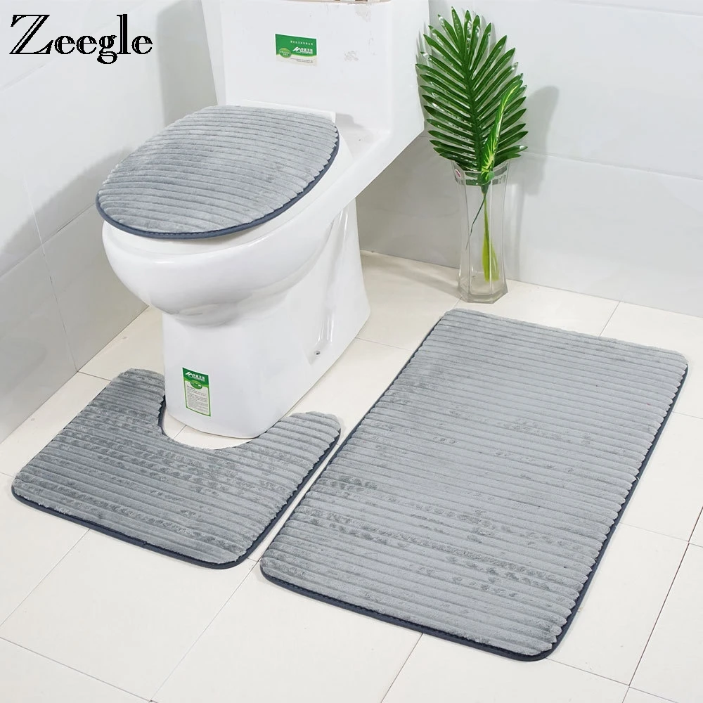 

Zeeg 3Pcs Bathroom Mat Set Flannel Anti-Slip Carpet Bathroom Toliet Rug Absorbent Shower Room Mats Bath Rugs Toilet Seat Cover