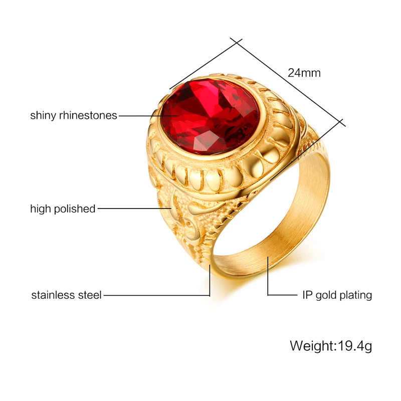 Мужское кольцо с красным камнем круглые Стразы золотого цвета из нержавеющей стали модное кольцо Utr8233 - Цвет основного камня: 1