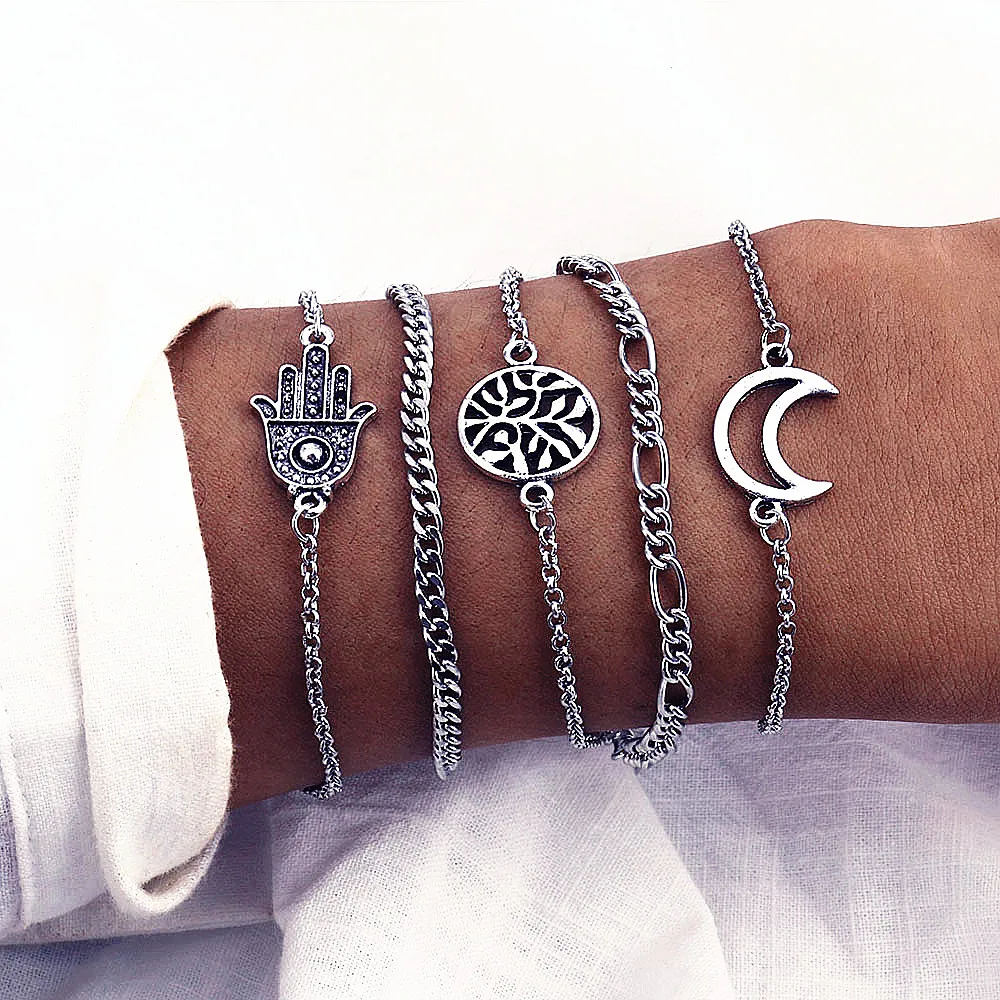 

IPARAM Bohemia Ancient Silver Moon Hand Tree Bracelet Set Fashion Multilayer Geometry Feminine Bracelet 2019 Jewelry Gift