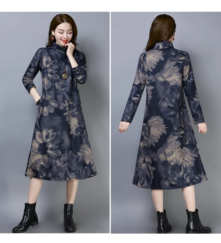 3601 Elegant Plus Size Long Dress 4xl for Women Vintage Turtleneck Thick Wool Floral Print Mon Winter Dresses Women 2018 Ladies 1