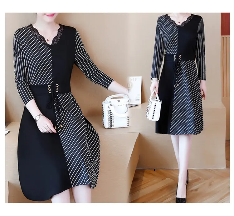2019 Korean Fashion Women Dress Autumn Large Size Dresses Striped Patchwork Dress Ladies Lace V-Neck Long Sleeve Vestidos Robe Femme (6)