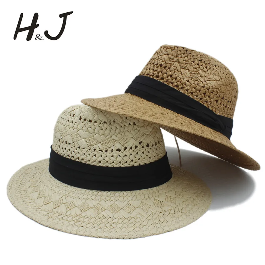 

Handwork Summer Women Men Raffia Straw Sun Hat For Elegant Lady Wide Brim Panama Hat Gentleman Fedora Cap sunbonnet Beach Hats