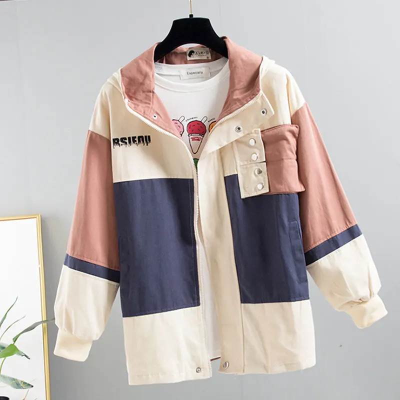 

Joker Color Matching Hooded Tooling Coat 2019 Fashion Spring Autumn Jacket Women Loose Plus size Basic Jacket chaqueta mujer 193