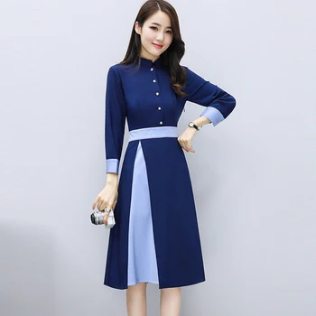 

2018 Spring Patchwork Dresses Women Single-breasted Knee-Length Stand Dress Ladies Slim Dress Fashion Long Sleeve Dress RE0198