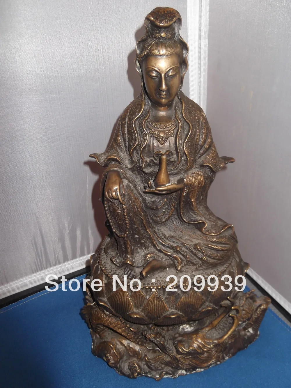 

00292 10" China Bronzed Colored Brass Kwan-Yin Buddha Seated on Dragon Statue