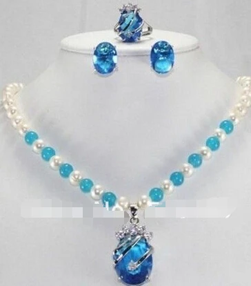 free shipping Charming! 7-8mm White Akoya Cultured Pearl&ampBlue Necklace Earring | Украшения и аксессуары