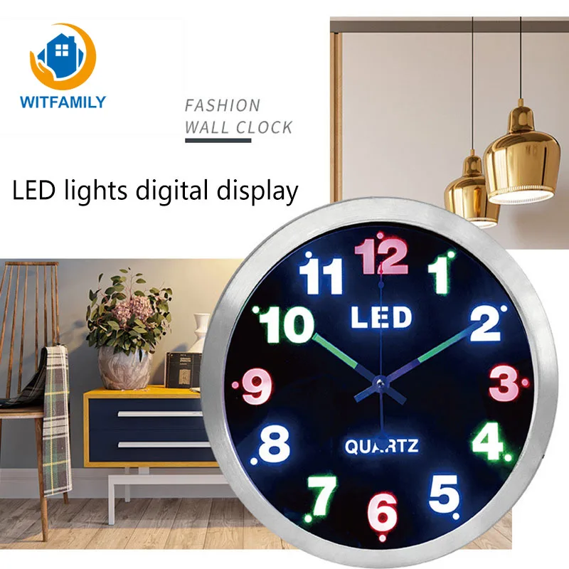 12 Inch Simple Digital Metal LED Lights Fluorescent Luminous clock Home