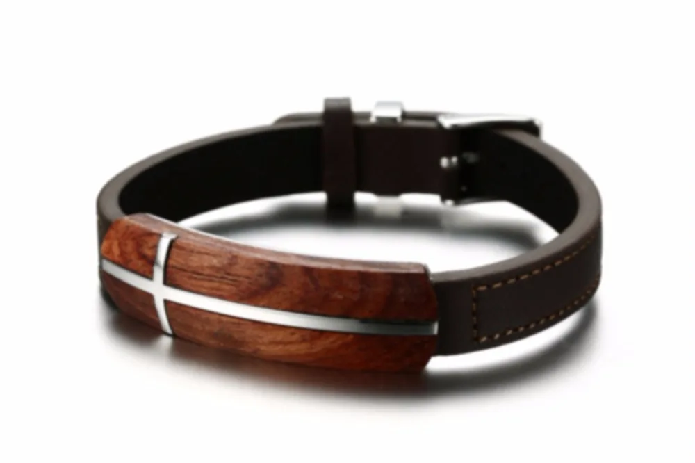Mens Genuine leather bracelet in Brown Rosewood Cross Inlay Tag Adjustable Wristband Stainless Steel Buckle Men Jewelry  Pulseira Braslet Masculina Bracciale Pulseras Hombre bileklik 16