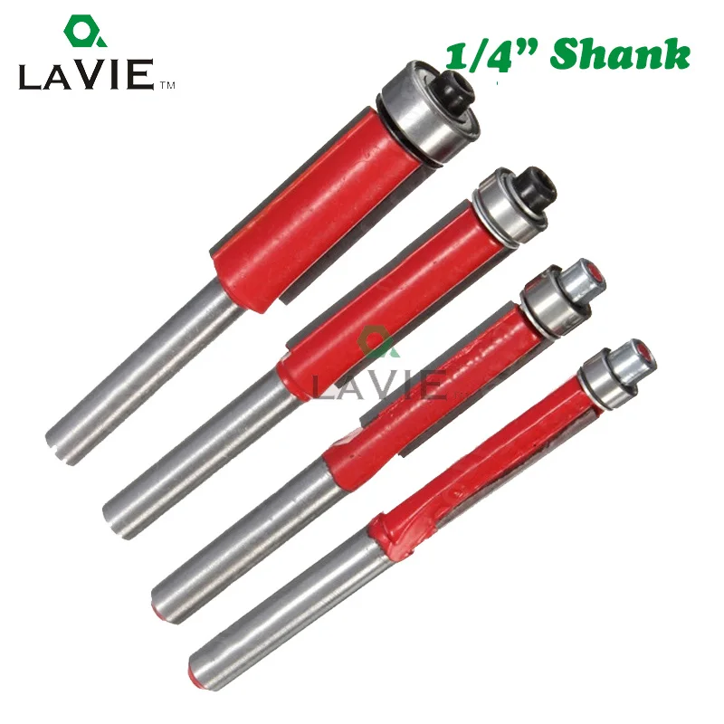 

LA VIE 4pcs 1/4" End Dual Flutes Ball Bearing Flush Router Bit Straight Shank Trim Wood Cutters 1/4" 5/16" 3/8" 1/2" MC01013