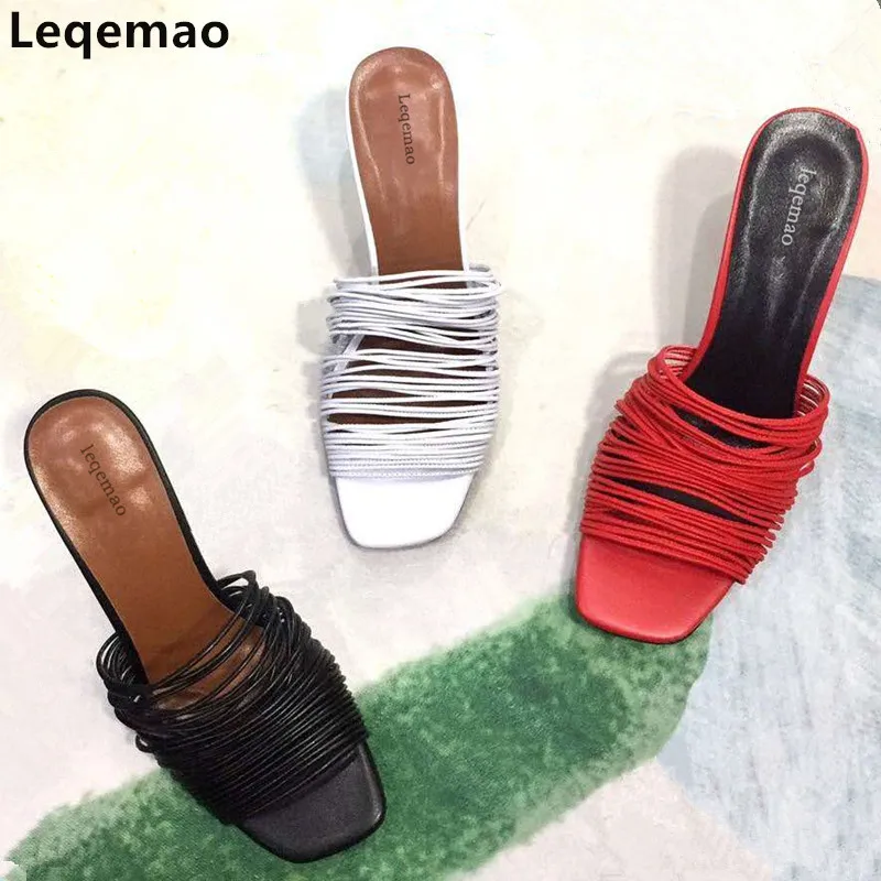 Summer Women High Single Cusp Thin Heels Shallow Narrow Band Slides Ladies Slipper Sandals Woman Genuine Leather Runway Shoes