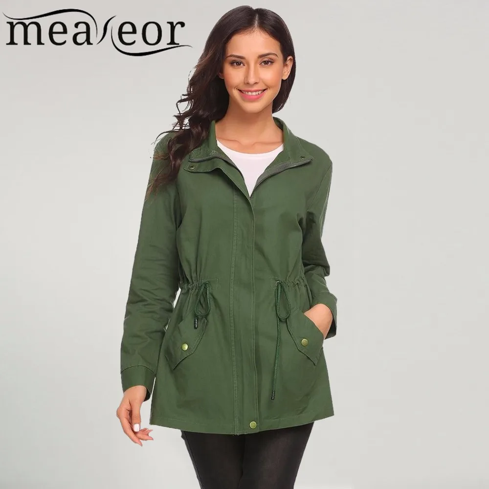 Beste Meaneor 2018 Herfst Nieuwe Vrouwen Basic Jas Stand Hals Lange Mouwen Effen Ontspannen Fit Slanke Taille Trekkoord Slanke Toevallige Jassen