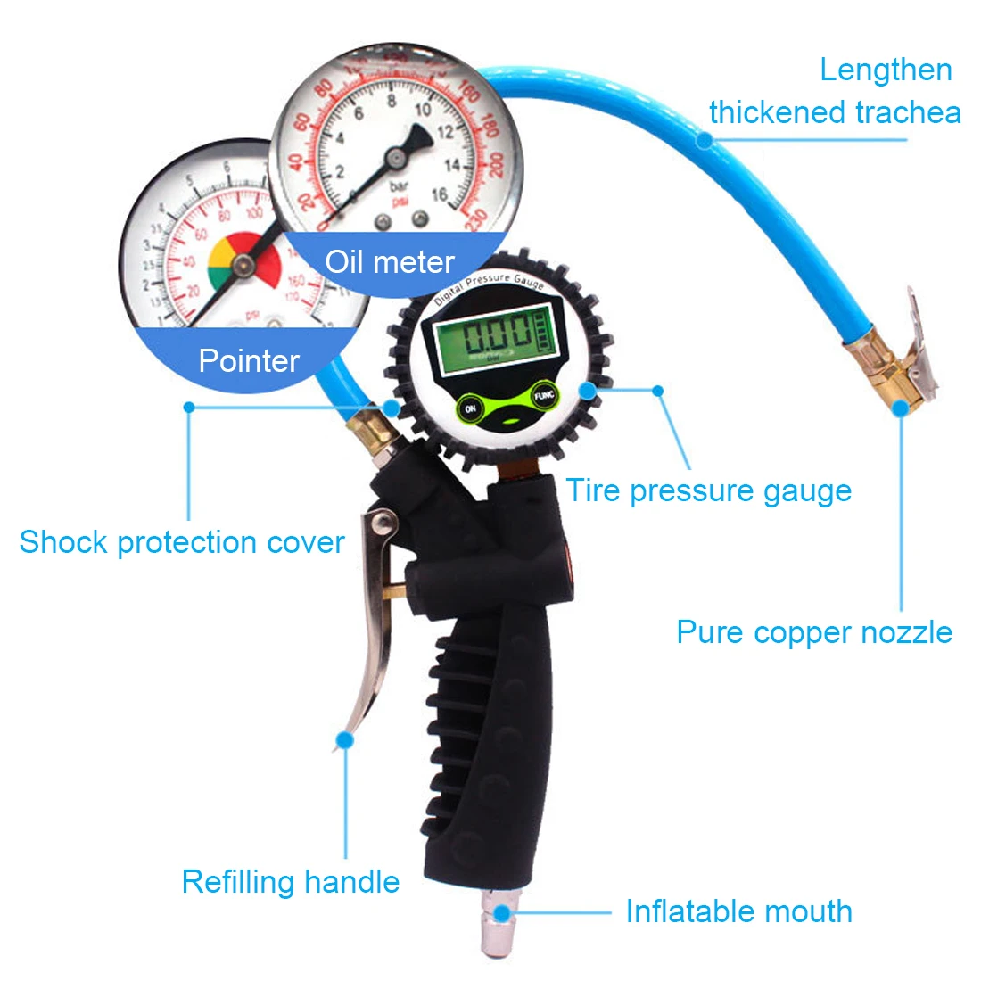 Надувное оружие для давления в шинах, цифровой дисплей, пистолет для накачивания шин, цифровой манометр, измеритель давления плода