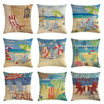 

Beach Cushion Cover Cotton linen Summer Sea Landscape Throw Pillows Case Coastal Pillowcase Nautical Pillow Covers 45x45cm