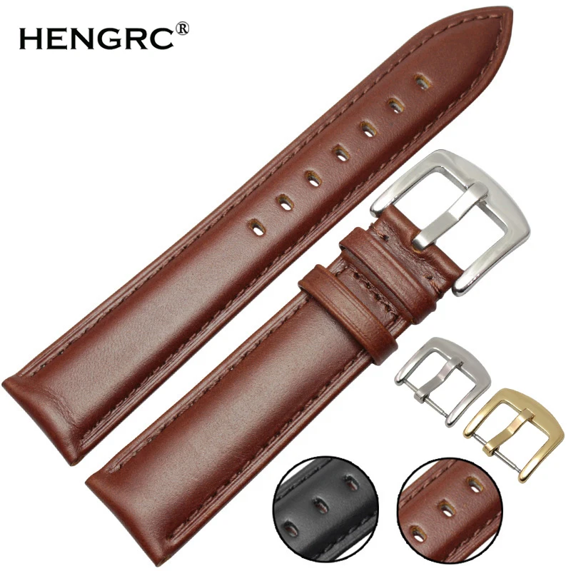 

Genuine Leather Watch Band Black Brown 18 19 20 21 22 24mm Women Men Soft Smooth Strap With Silver Gold Metal Buckle