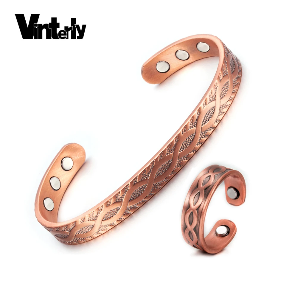 

Vinterly Adjustable Cuff Ring Bracelets Bangles Pure Copper Bracelet Ring Women Health Energy Magnetic Jewelry Set for Women Men