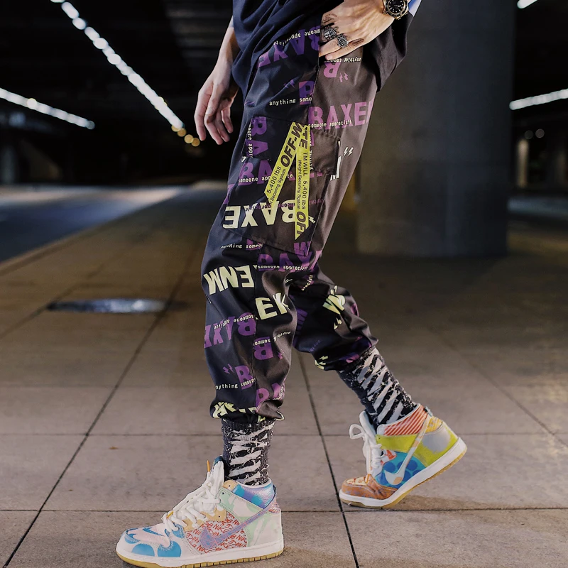 

Color Block Off Hip Hop White Black Patchwork Cargo Joggers Letter Print Harem Pants Men Casual Dance Trousers Sweatpants Male