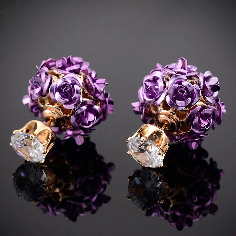 Women Double Sided Rose Crystal Stud Earring Statement Rhinestone Earring femme brincos Shellhard Vintage Korean Jewelry