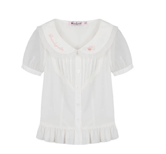 Милая рубашка принцессы в стиле Лолиты; летняя Милая вышитая шифоновая рубашка в японском стиле с воротником «Питер Пэн» C15AB5751