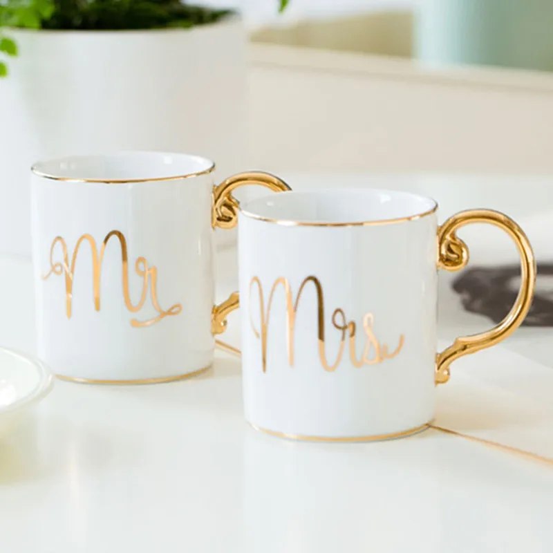 Wedding gift for bride and groom Mr Mrs coffee mug party favor anniversary present valentines day gift - Цвет: gold 1 pair