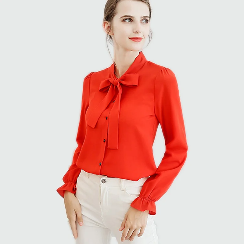 

Chiffon Blouse Women Shirts 2018 Spring Plus Size Women's Long Sleeve Lace Up Shirt Bow Tops Blusas Femininas White Red Blue