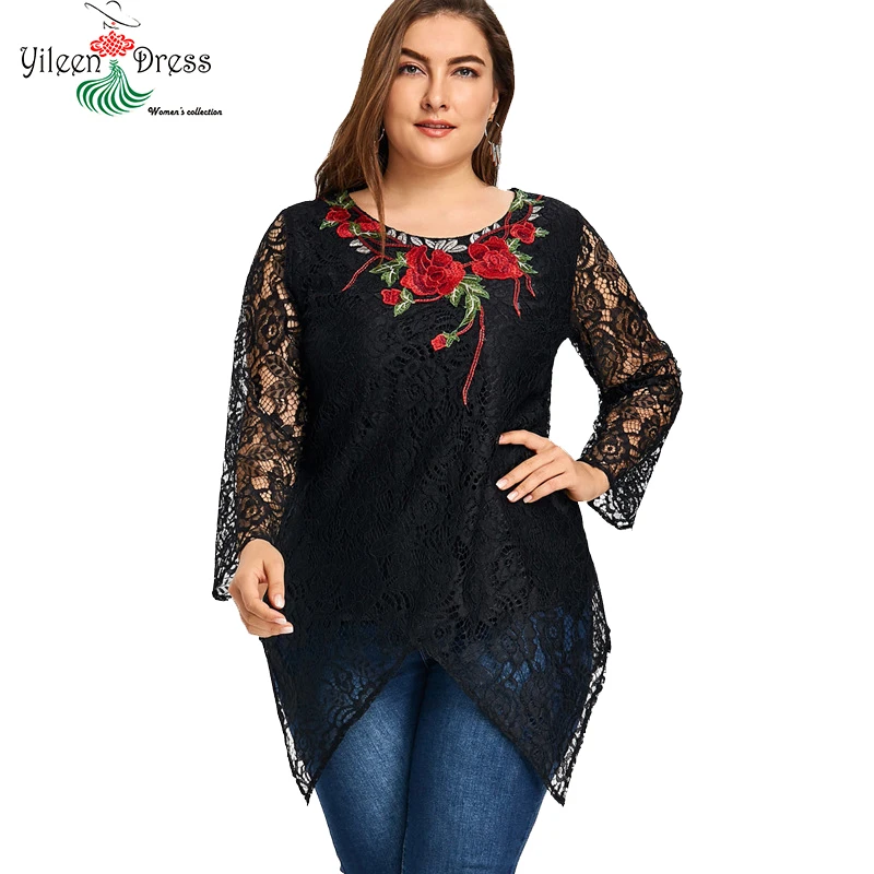 Plus Size Women Shirts Full Sleeve Hollow Out Lace Shirt Asymmetrical