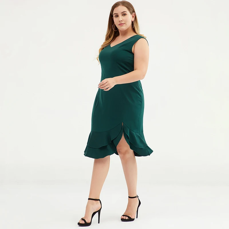 Buykud Sleeveless Solid Loose Vestidos Fashion Green Sleeveless Slit Hem Dress Party Robe Femme 2019 Plus Size L-3XL (10)
