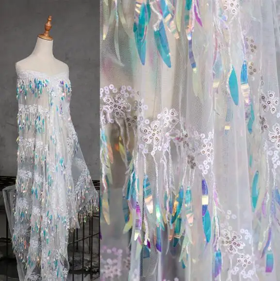 

2style Fish scale sequins laser gradient color lace textiles Mesh fabric dress diy laser wedding gauze party tweed fabric A435