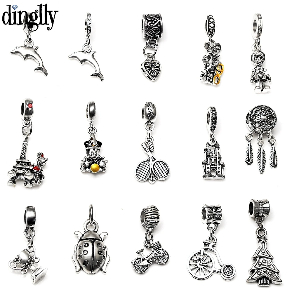 

2Pcs Silver Plated Cartoon Mickey Tower Bicycle Clown Trophy Ladybug Dreams Charms Fit Original Pandora Bracelet Bangles Pendant