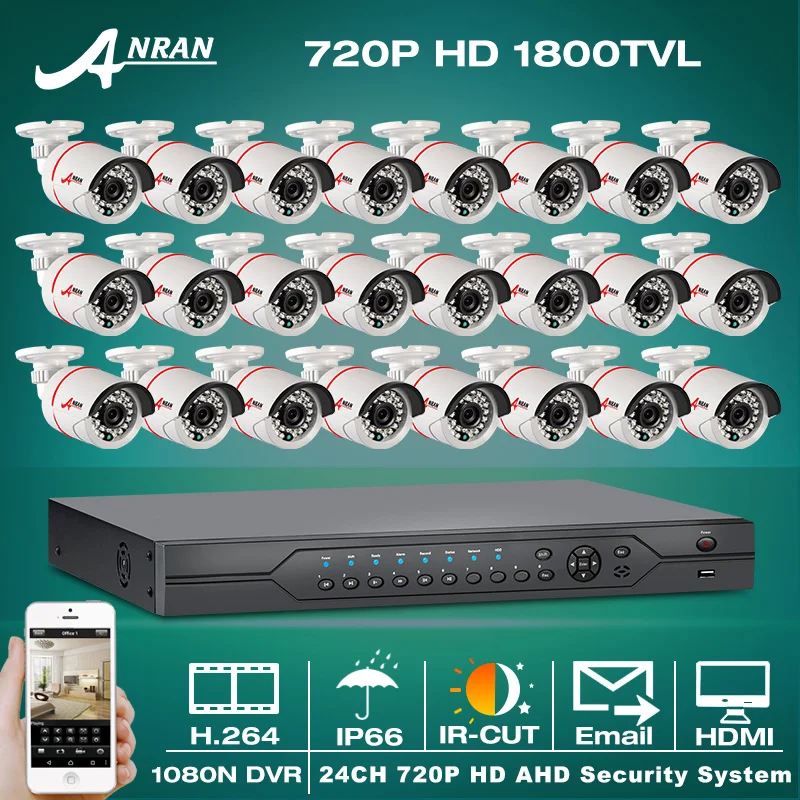 

24CH 1080N HDMI DVR Set Security Camera System 24 pcs AHD 720P 1800TVL Outdoor IR Night Vision Home Surveillance Camera Kit