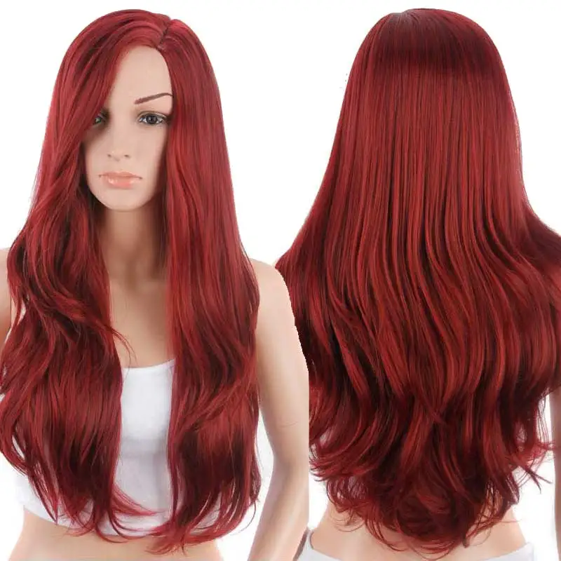  Big wave female elegant wig Fashion synthetic hair wave wigs Long curly Big wave Wine red High quality 