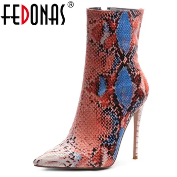 

FEDONAS 2019 Spring Autumn New Fashion Mixed Colors Animal Prints Women Mid-calf Boots Sexy Pointed Toe Thin Heels Western Shoes