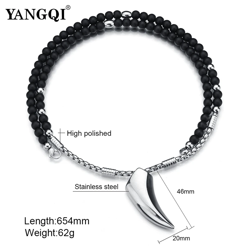 Norse Vikings Wolf Teeth Pendant Necklaces Silver Stainless Steel Chain Black Stone Strand Beads Necklaces Ethnic Jewelry Men