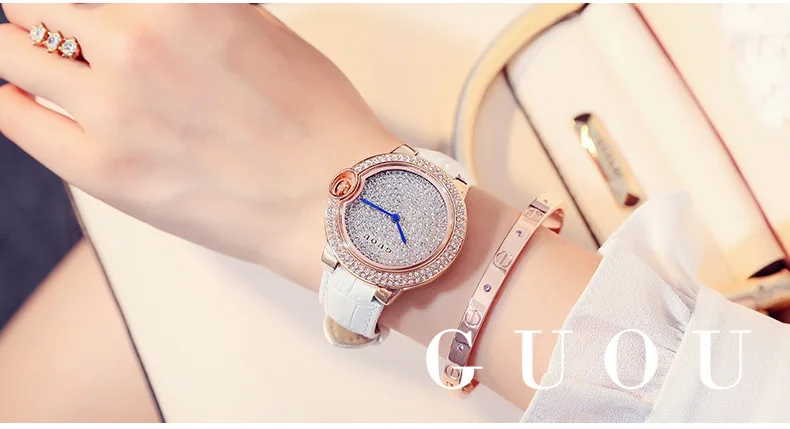 GUOU Роскошные полный алмазов женские часы из натуральной кожи кварцевые часы женский простой кристалл часы Бонд девушка подарок Casula часы