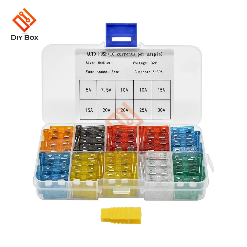 100 шт. предохранители для автомобиля 1,1x1 см 1,1x1,7 см 1,9x2 см 5A 7.5A 10A 15A 20A 25A 30A Amp с коробкой зажим ассортимент автоматический лезвие Тип предохранитель комплект