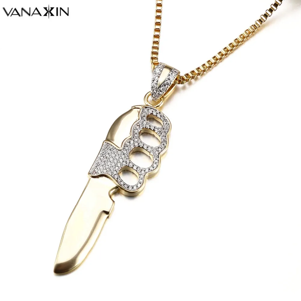 

VANAXIN Fruit Knife Charms Pendant Necklace Gold/Silver Color Two Tone Zircons Jewelry Vintage Punk Dagger For Men Free Box